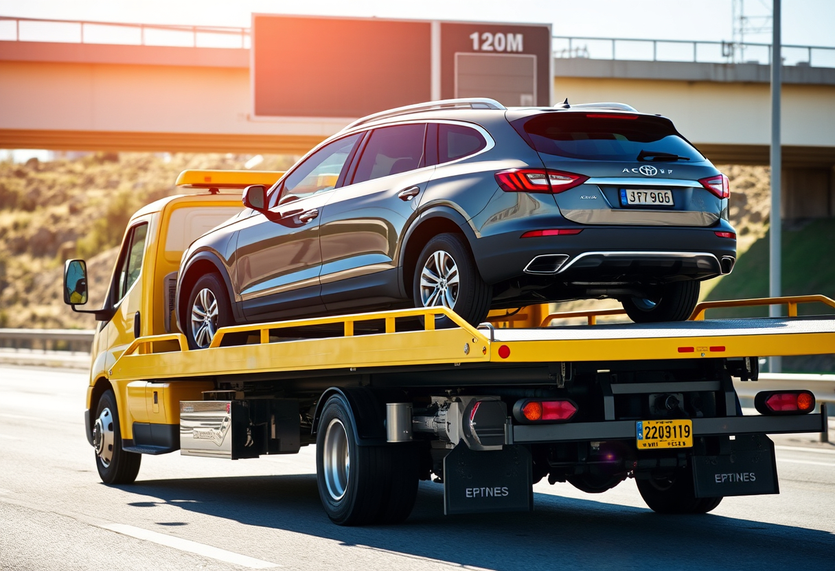 Professional tow truck towing SUV on highway for F&C Trucking