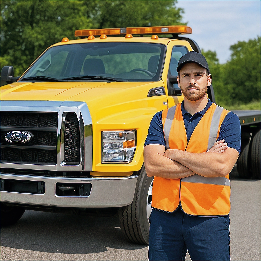 F&C Trucking certified tow truck operator in safety vest ready to assist