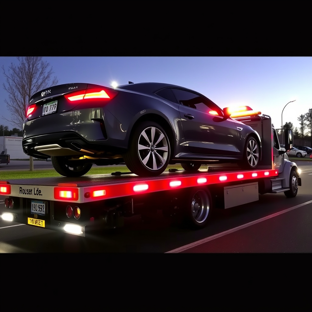 F&C Trucking flatbed tow truck hauling a vehicle at night