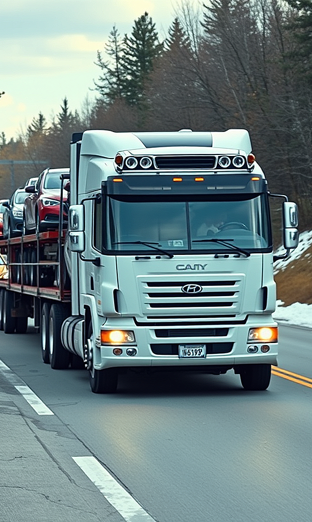 Car hauler truck transporting multiple vehicles on highway